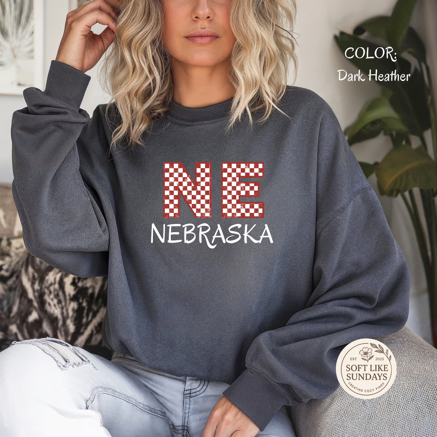 NE Nebraska Checkered Crewneck